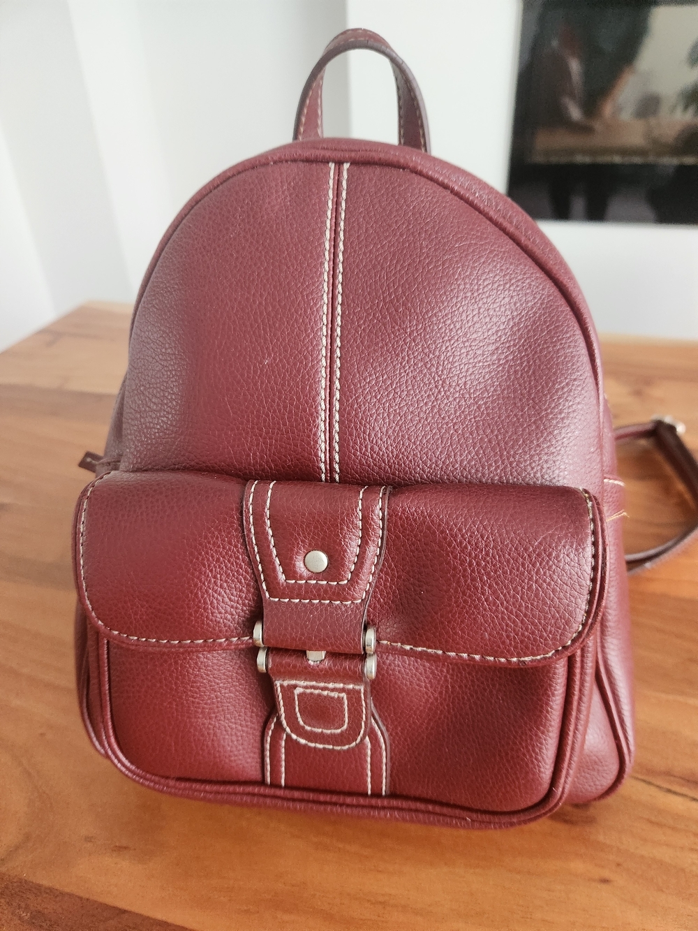 Nine & Co. Small Burgundy Backpack with Cream Stitching